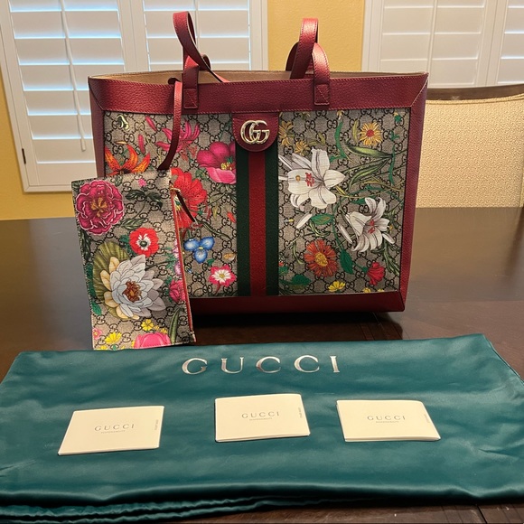 New Gucci GG Supreme Logo Ophidia Floral Tote Bag Set Large